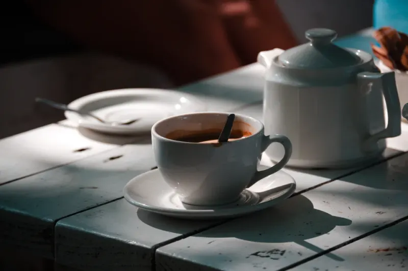 A cup of coffee on a wooden table